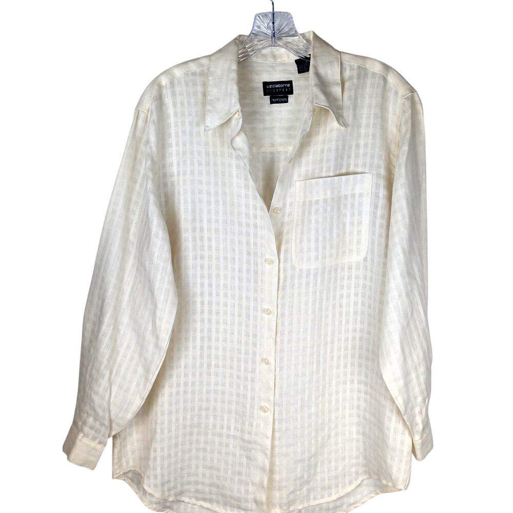 Vtge Lizsport 100% Irish Linen Shirt Cream Checkered Weave Oversized 90s M/L EUC